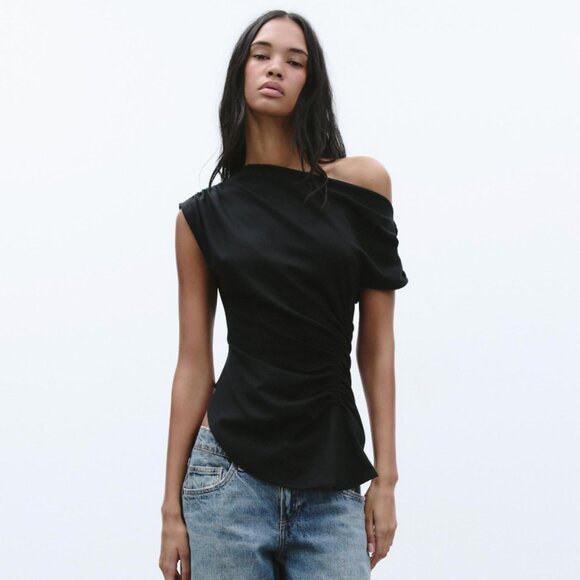 Zara Black Ruched Asymmetric Top (Small) - Picture 1 of 3